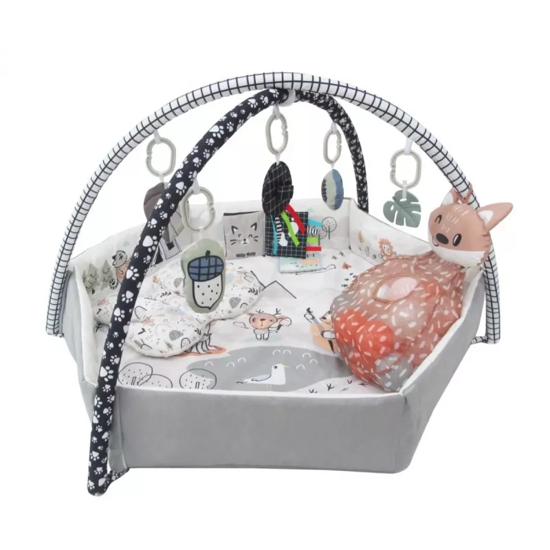 Vaikiškas žaidimų kilimėlis milly mally Baby Mat 5in1 Minky – daugiafunkcis 5-in-1 kūdikių kilimėlis pilvuko mankštai, žaidimui, poilsiui, ropojimui, kelionėms