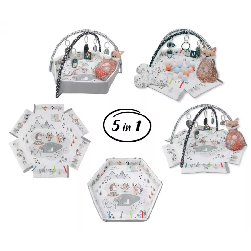 Vaikiškas žaidimų kilimėlis milly mally Baby Mat 5in1 Minky – daugiafunkcis 5-in-1 kūdikių kilimėlis pilvuko mankštai, žaidimui, poilsiui, ropojimui, kelionėms