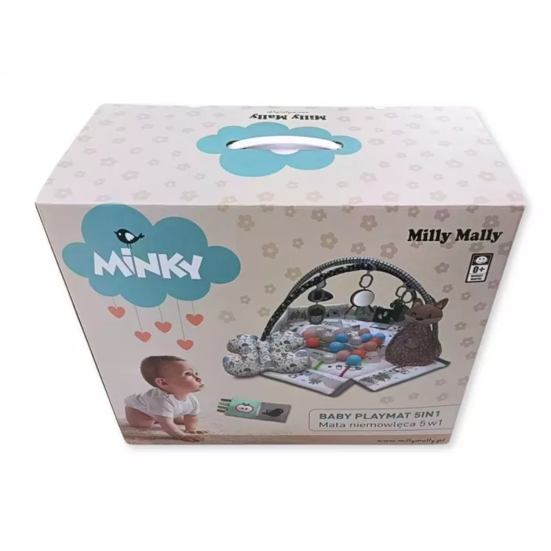 Vaikiškas žaidimų kilimėlis milly mally Baby Mat 5in1 Minky – daugiafunkcis 5-in-1 kūdikių kilimėlis pilvuko mankštai, žaidimui, poilsiui, ropojimui, kelionėms