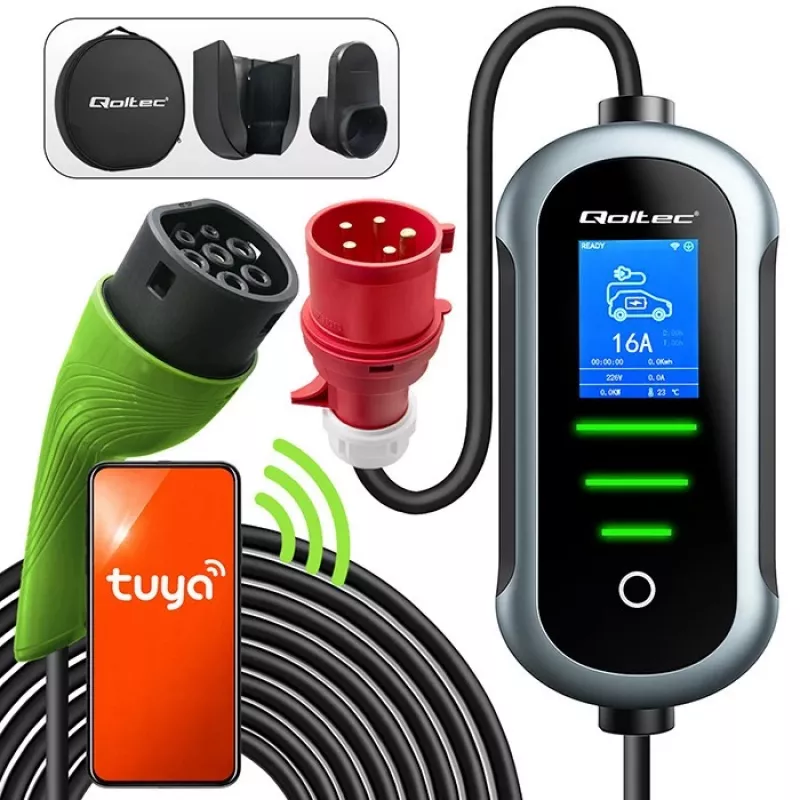Prie sienos montuojamas elektromobilio įkroviklis QOLTEC 7 kW 230V CEE 32A su Wi‑Fi ir LCD (modelis 52721)