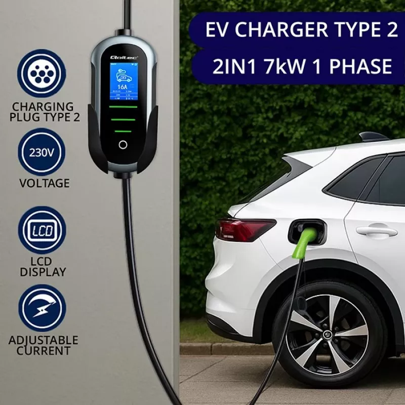Prie sienos montuojamas elektromobilio įkroviklis QOLTEC 7 kW 230V CEE 32A su Wi‑Fi ir LCD (modelis 52721)
