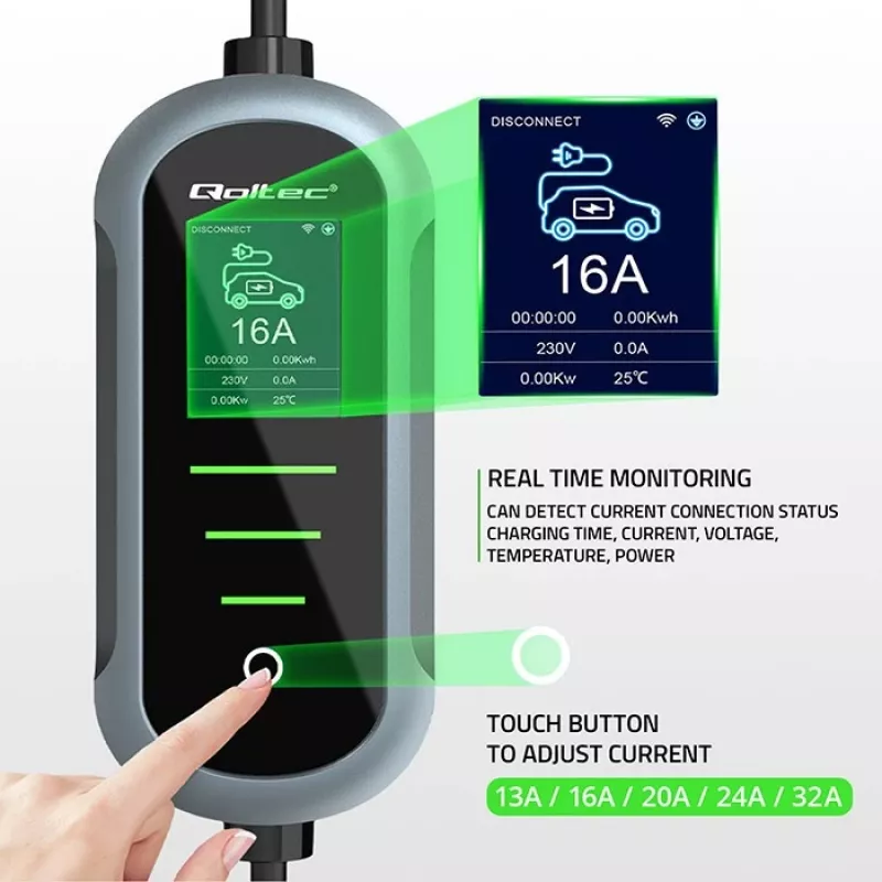 Prie sienos montuojamas elektromobilio įkroviklis QOLTEC 7 kW 230V CEE 32A su Wi‑Fi ir LCD (modelis 52721)