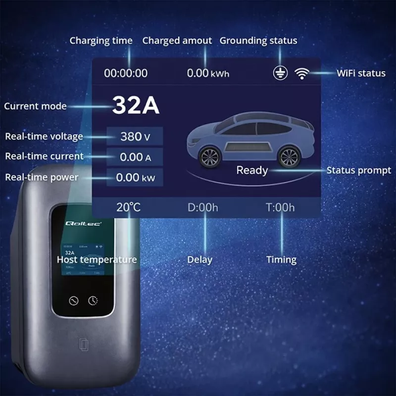 EV įkrovimo stotelė QOLTEC 3-fazė 22 kW 32 A su WiFi (modelis 52723)