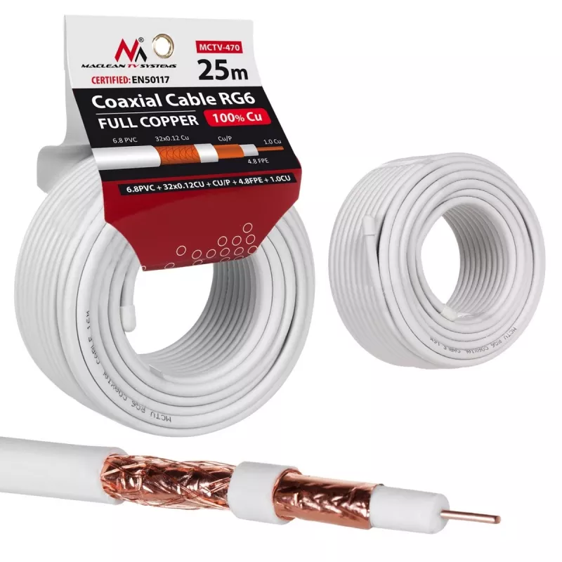 Koaksialinis kabelis MACLEAN MCTV-470 RG-6/U 25 m, baltas