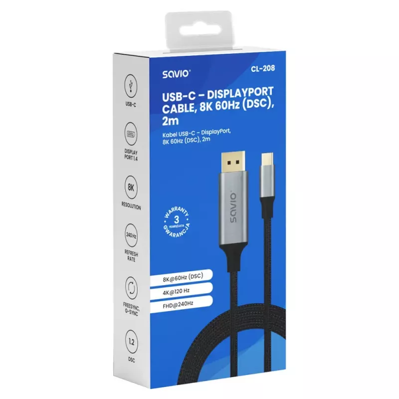 USB-C į DisplayPort laidas SAVIO CL-208 (DisplayPort 1.2, 2 m)