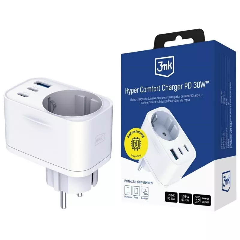 3MK Charger Comfort Charger GaN 30W White – USB maitinimo adapteris, 30W GaN išvestis