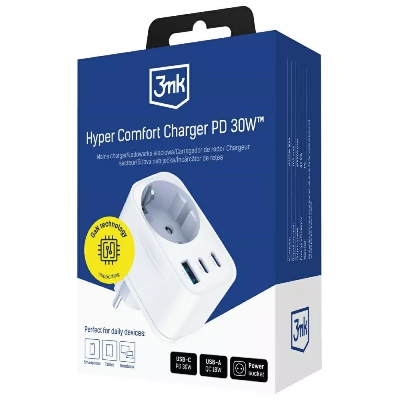 3MK Charger Comfort Charger GaN 30W White – USB maitinimo adapteris, 30W GaN išvestis