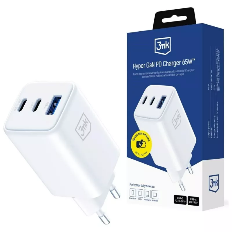 3MK Charger Hyper GaN 65W QC4+ — USB GaN 65W greitasis įkroviklis su QC4+ palaikymu