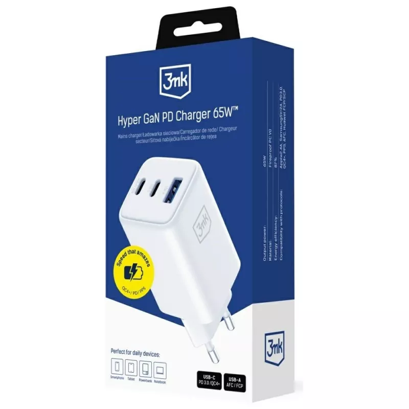 3MK Charger Hyper GaN 65W QC4+ — USB GaN 65W greitasis įkroviklis su QC4+ palaikymu