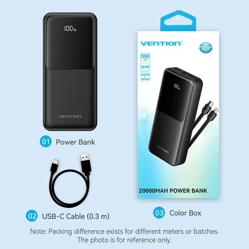 Išorinė baterija USB 20000MAH 22.5W/JUODA FHPB0 Vention