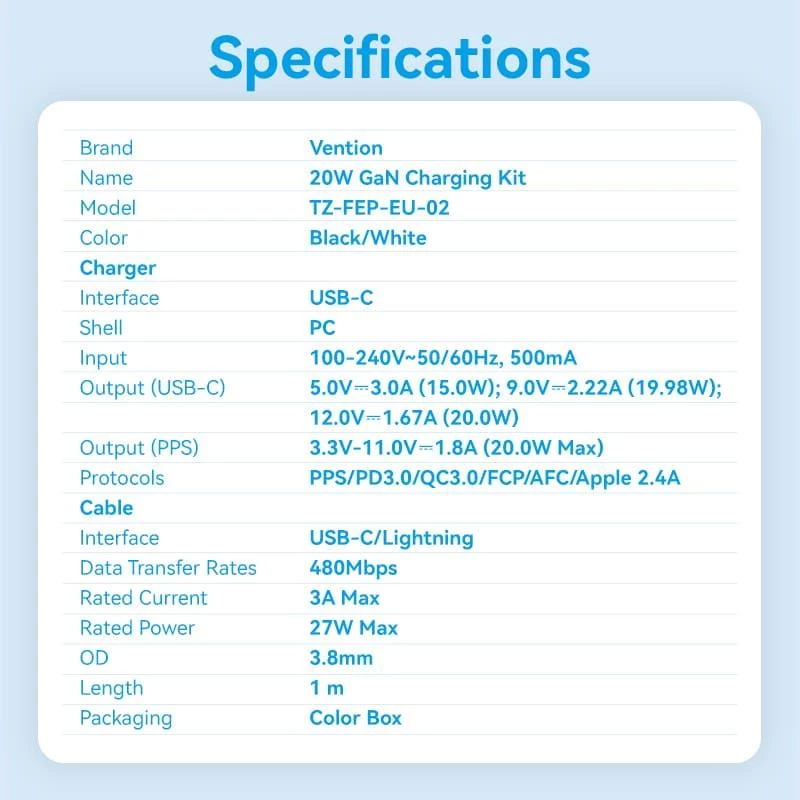 Sieninis mobilusis įkroviklis USB-C/20W TZ-FEPW0-EU-02 Vention