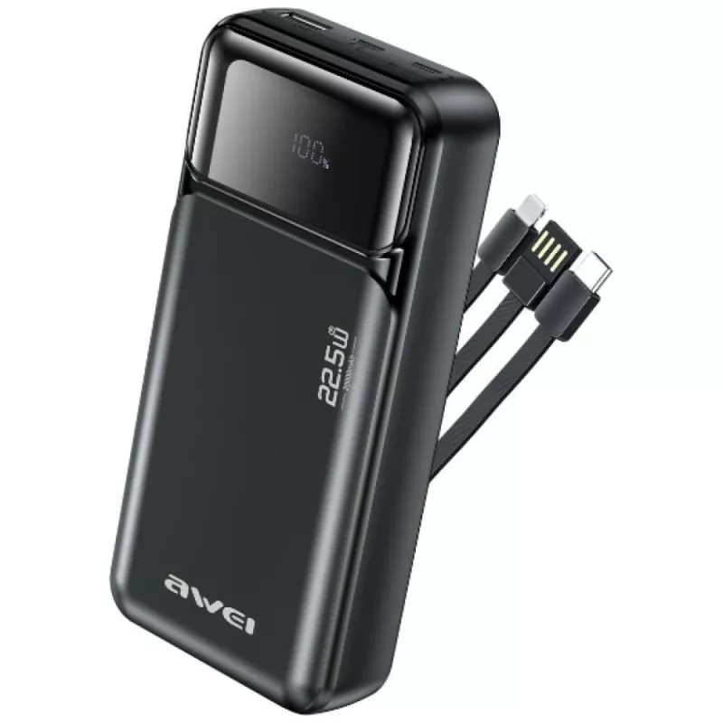 Išorinė baterija Awei PA-93 20000mAh 22.5W PD su įmontuotu įkrovimo kabeliu