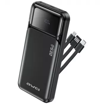 Išorinė baterija Awei PA-91 10000mAh 22,5W PD 2xUSB-C + laidas juoda