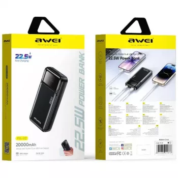 „Awei PA-92“ išorinė baterija, 20 000 mAh, 22,5 W PD, su 2 USB-C prievadais