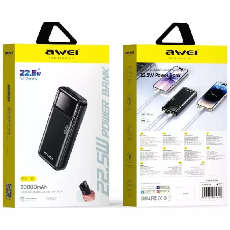 „Awei PA-92“ išorinė baterija, 20 000 mAh, 22,5 W PD, su 2 USB-C prievadais