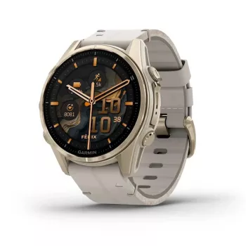 Išmanusis laikrodis GARMIN Fenix 8 43 mm, 1,3 colių AMOLED 416×416, jutiklinis ekranas, Wi‑Fi, GPS, 32 GB, auksinis korpusas, pilkas odinis dirželis