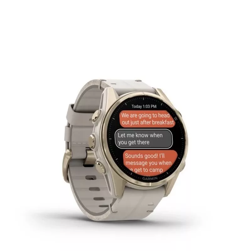 Išmanusis laikrodis GARMIN Fenix 8 43 mm, 1,3 colių AMOLED 416×416, jutiklinis ekranas, Wi‑Fi, GPS, 32 GB, auksinis korpusas, pilkas odinis dirželis