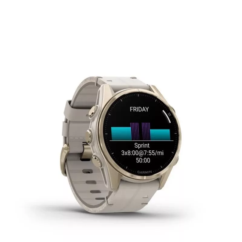 Išmanusis laikrodis GARMIN Fenix 8 43 mm, 1,3 colių AMOLED 416×416, jutiklinis ekranas, Wi‑Fi, GPS, 32 GB, auksinis korpusas, pilkas odinis dirželis