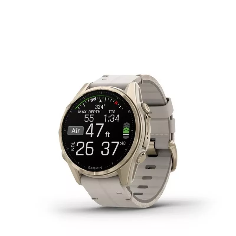 Išmanusis laikrodis GARMIN Fenix 8 43 mm, 1,3 colių AMOLED 416×416, jutiklinis ekranas, Wi‑Fi, GPS, 32 GB, auksinis korpusas, pilkas odinis dirželis