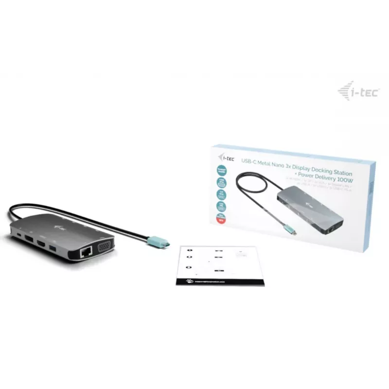 Dokingo stotis ITEC i-tec USB-C Metal Nano 3x Display (DP, HDMI, VGA) su maitinimo tiekimu 100 W, 4x USB-A, Gigabit Ethernet