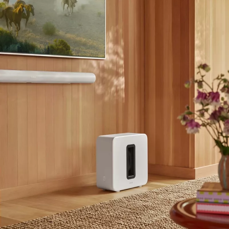 Aktyvus žemų dažnių garsiakalbis Sonos Sub 4 — D klasės stiprintuvas, kintamoji srovė 110–240 V, 40,2×15,8×38,9 cm, juoda arba balta