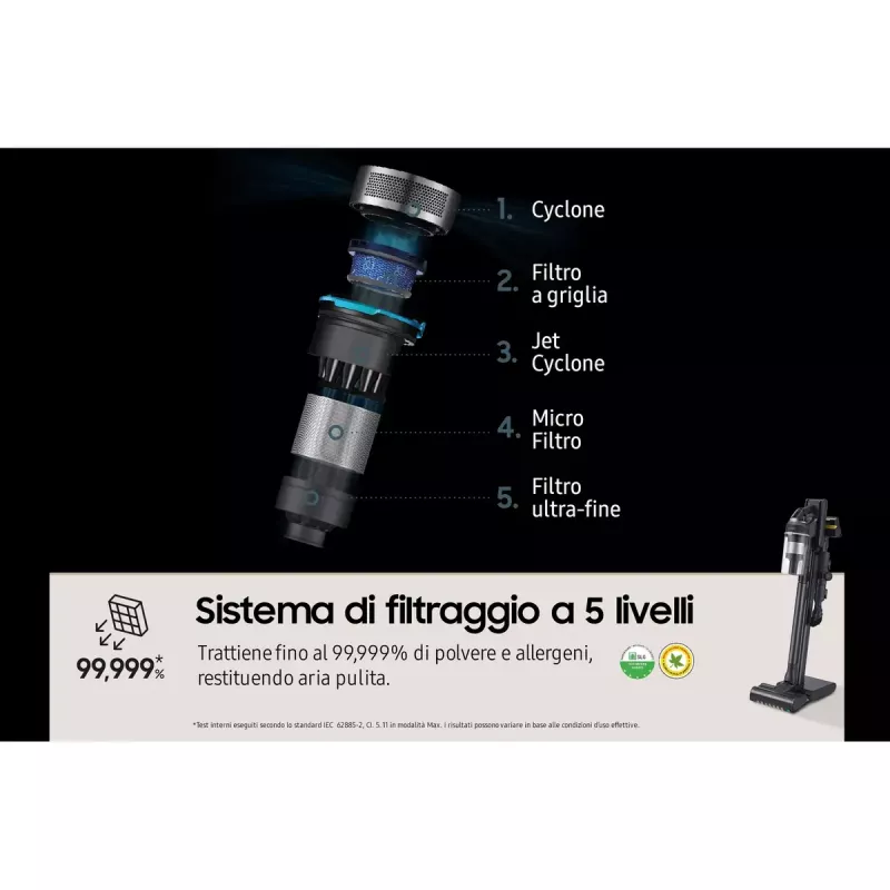 Stick vacuum Samsung VS20C9554TK — Baterija, ličio jonų, 580 W, be maišelio 0,8 l, cikloninis, juodas