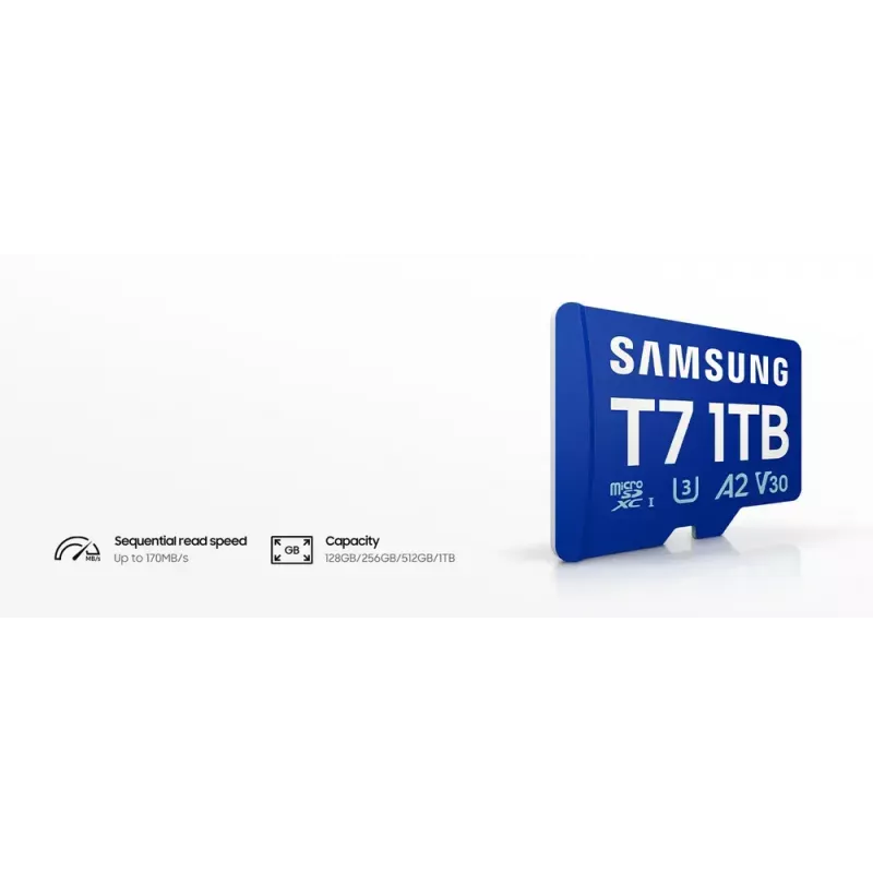 MicroSDXC atminties kortelė Samsung T7 128 GB UHS-I U3 V30 170 MB/s Mėlyna