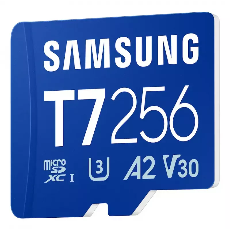 Samsung T7 „microSDXC“ atminties kortelė, 256 GB, UHS-I, U3, V30, skaitymo greitis 170 MB/s, mėlyna
