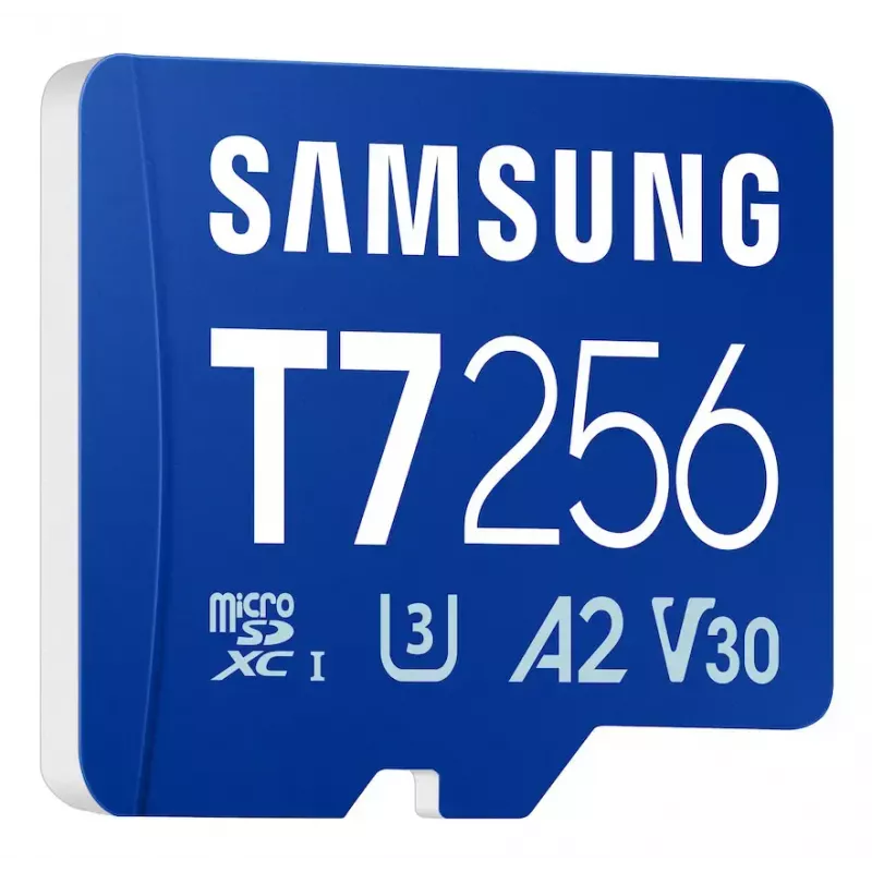 Samsung T7 „microSDXC“ atminties kortelė, 256 GB, UHS-I, U3, V30, skaitymo greitis 170 MB/s, mėlyna