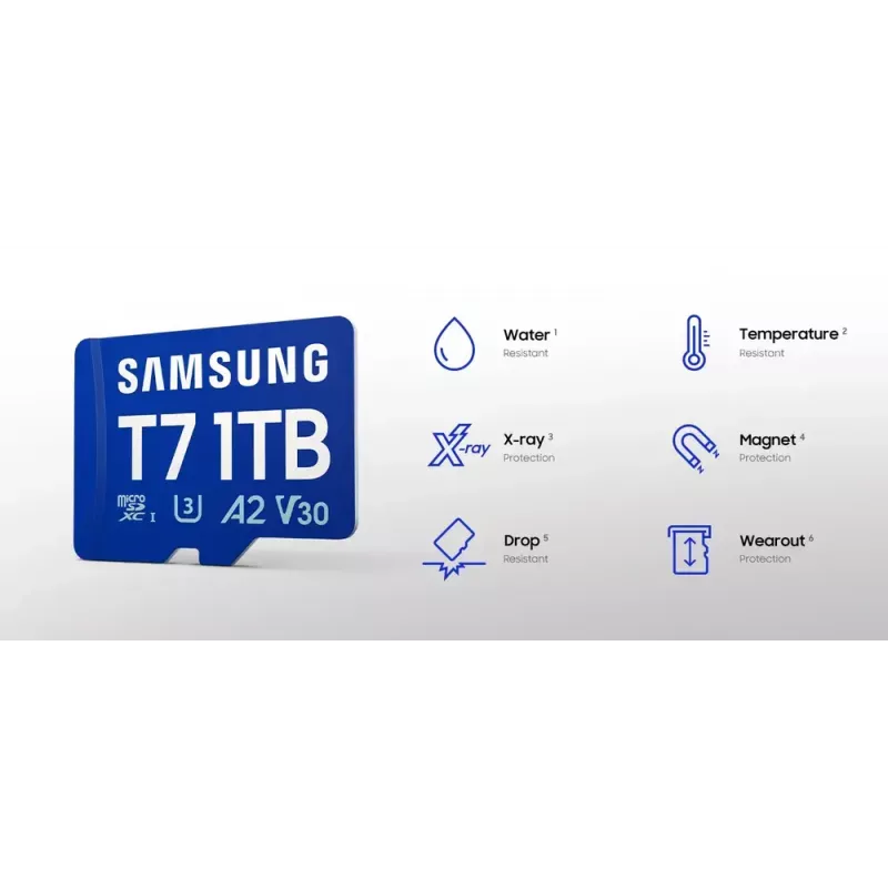 Samsung T7 „microSDXC“ atminties kortelė, 256 GB, UHS-I, U3, V30, skaitymo greitis 170 MB/s, mėlyna