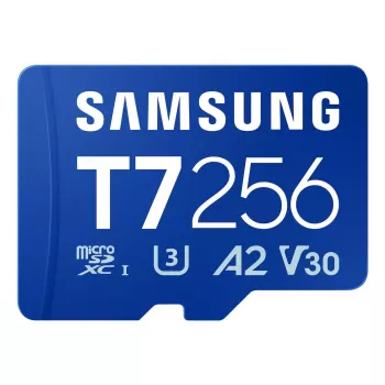 Samsung T7 „microSDXC“ atminties kortelė, 256 GB, UHS-I, U3, V30, skaitymo greitis 170 MB/s, mėlyna