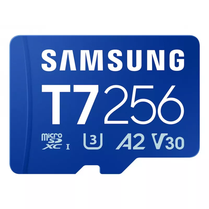 Samsung T7 „microSDXC“ atminties kortelė, 256 GB, UHS-I, U3, V30, skaitymo greitis 170 MB/s, mėlyna
