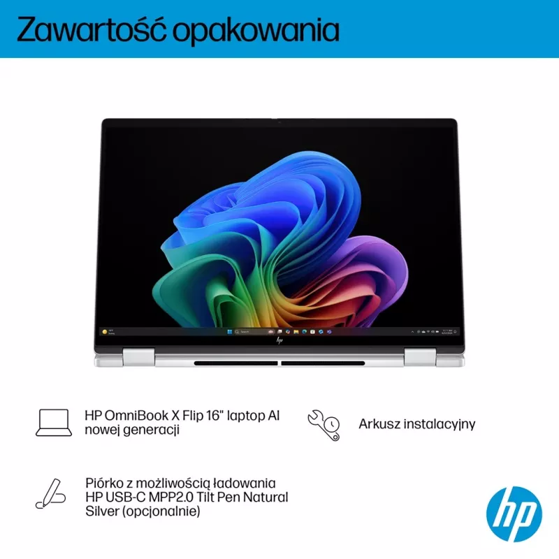 2-in-1 HP OmniBook X Flip NG AI 16-as0003nw nešiojamasis kompiuteris, 16 colių 3K OLED jutiklinis ekranas, 32 GB RAM, 1 TB SSD, Windows 11 Home, Ultra 7 258V, Glacier Sidabrinė