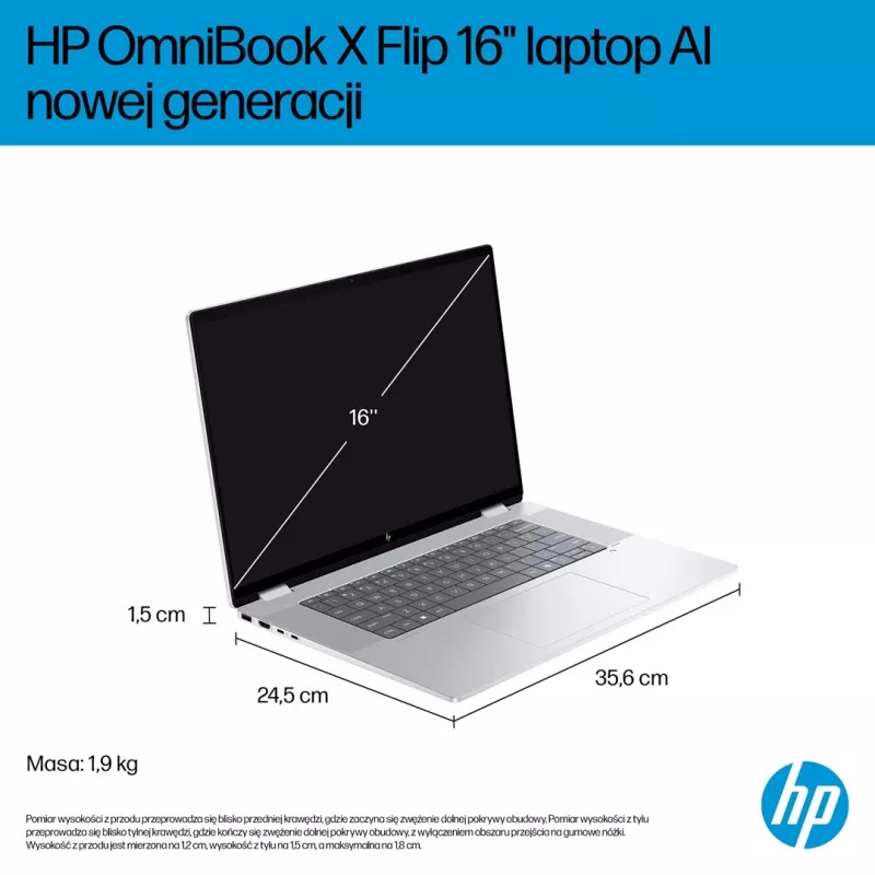 2-in-1 HP OmniBook X Flip NG AI 16-as0003nw nešiojamasis kompiuteris, 16 colių 3K OLED jutiklinis ekranas, 32 GB RAM, 1 TB SSD, Windows 11 Home, Ultra 7 258V, Glacier Sidabrinė