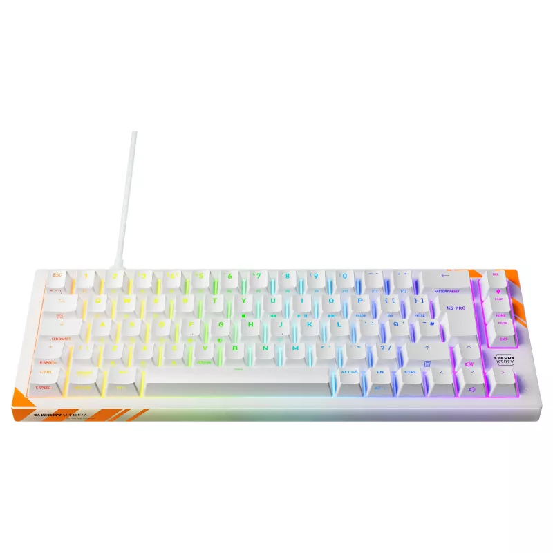 Mechaninė žaidimų klaviatūra Cherry K5 Pro TMR Compact — 65 % QWERTY USB laidinė, RGB, magnetinis jungiklis, oranžinė/baltos spalvos