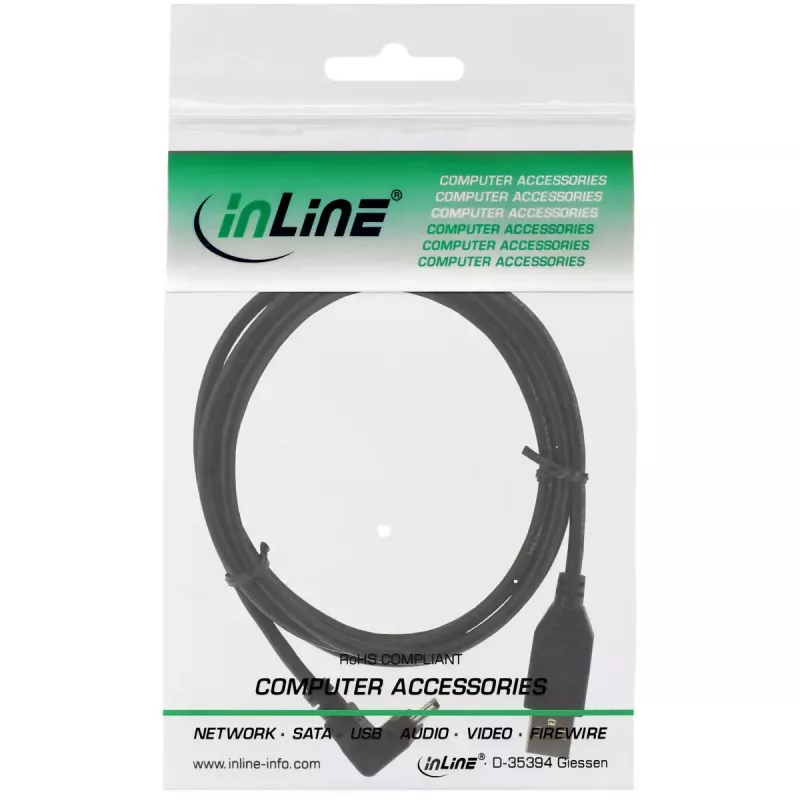 InLine USB 2.0 laidas USB A kištukas į Mini-USB B kištuką, 90° į viršų lenktos jungtys, 1,5 m, juodas