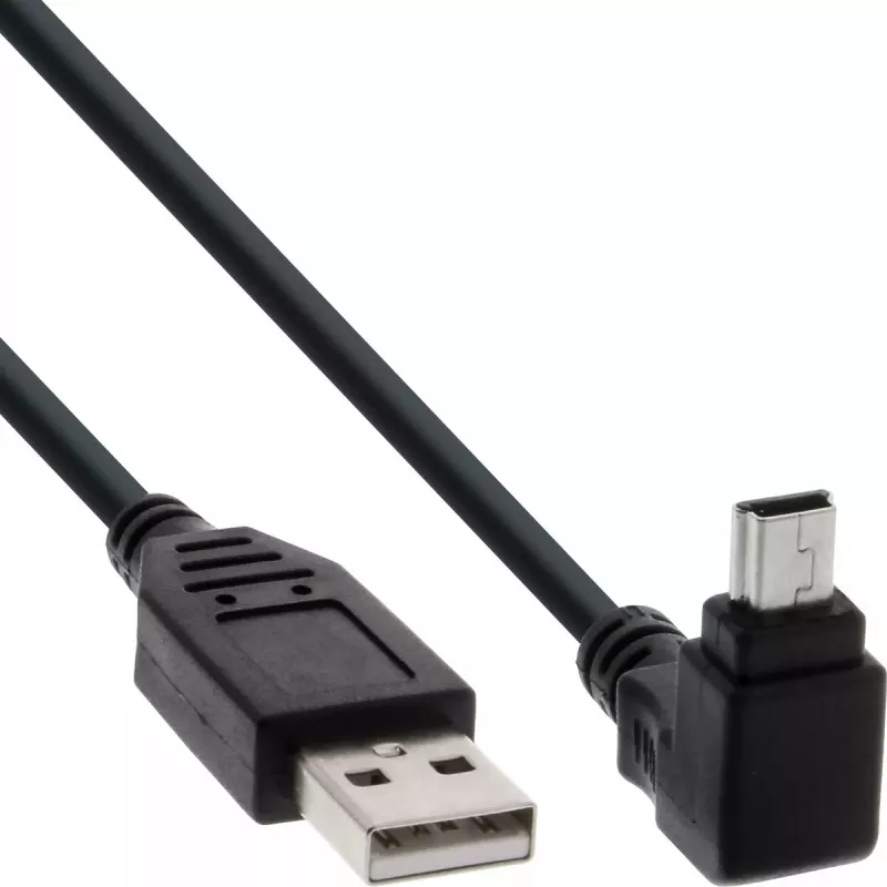 InLine USB 2.0 laidas USB A kištukas į Mini-USB B kištuką, 90° į viršų lenktos jungtys, 1,5 m, juodas
