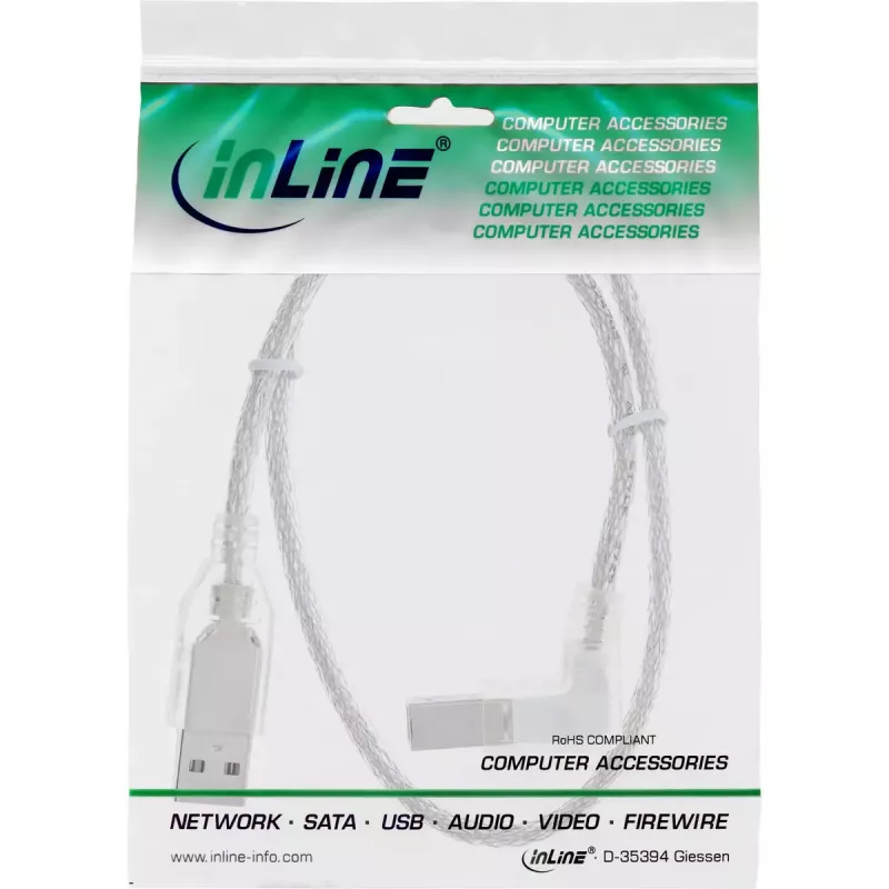 USB 2.0 laidas InLine Type A (statusis) – Type B, vyriškas, 0,3 m, permatomas