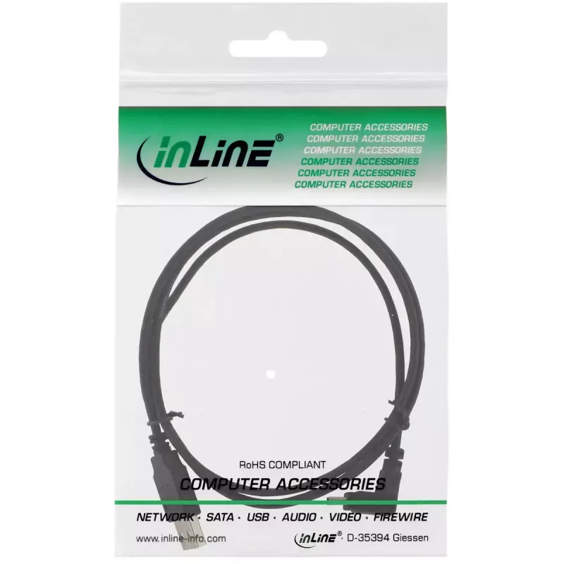 USB Type A kištukas / Mini-USB patinas 5 kontaktų žemyn nukreiptas 90° juodas 0,3 m InLine 34203