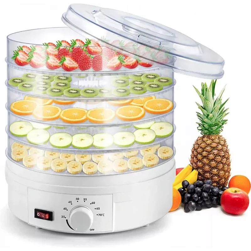 Extralink Home didelė maisto džiovyklė grybams, vaisiams, daržovėms ir žolelėms galinga Pro 500W + 5 padėklai 27cm balta