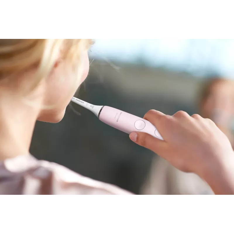 Elektrinis garsinis dantų šepetėlis Philips DiamondClean 9000 HX9911/29 — suaugusiems, įmontuota ličio jonų baterija, minkštas ir normalus režimai, rožinės spalvos