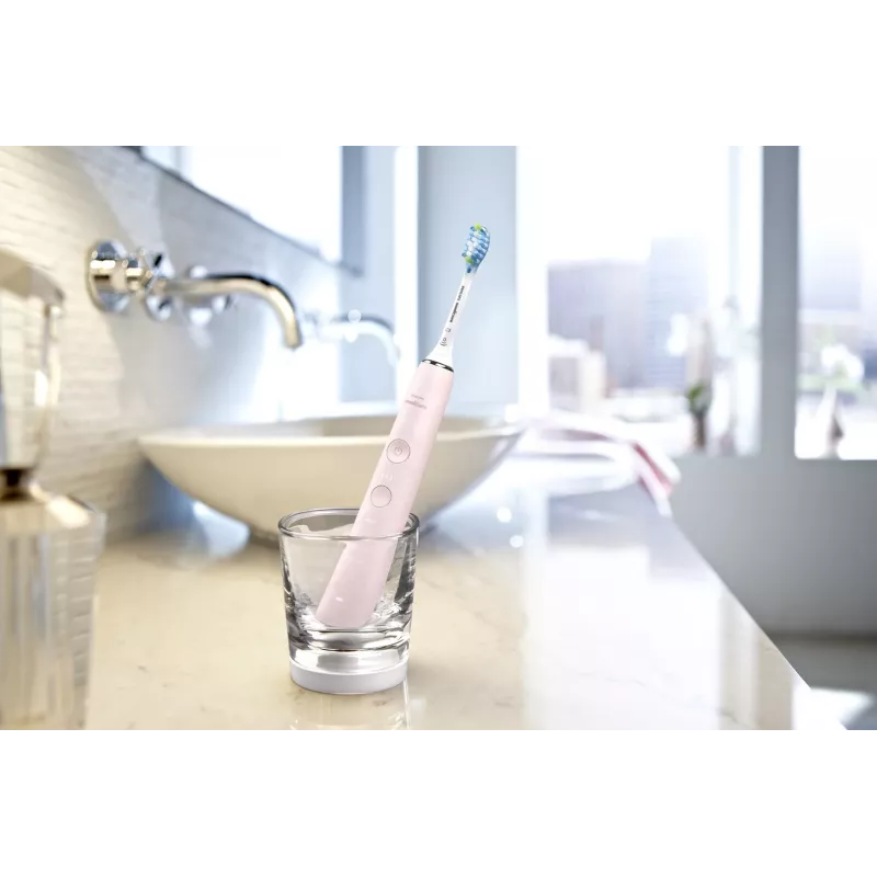 Elektrinis garsinis dantų šepetėlis Philips DiamondClean 9000 HX9911/29 — suaugusiems, įmontuota ličio jonų baterija, minkštas ir normalus režimai, rožinės spalvos