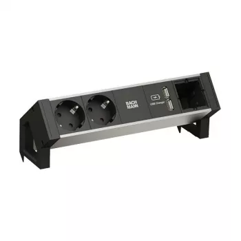 BACHMANN DESK2 ALU Juoda 2x įžemintas lizdas 1x USB įkroviklis 1x ABD GST18