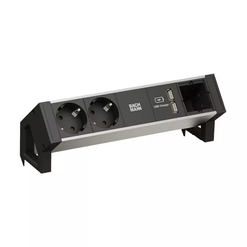 BACHMANN DESK2 ALU Juoda 2x įžemintas lizdas 1x USB įkroviklis 1x ABD GST18