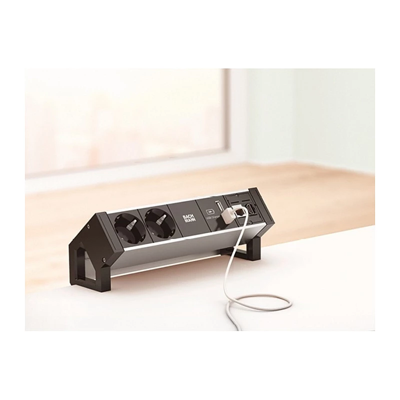 BACHMANN DESK2 ALU Juoda 2x įžemintas lizdas 1x USB įkroviklis 1x ABD GST18