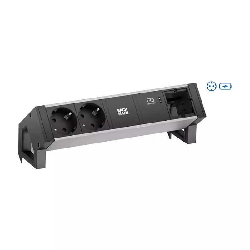 BACHMANN DESK2 ALU Juoda 2xSchutzkt.USBC, USB įkroviklis 60W 0,2m GST18
