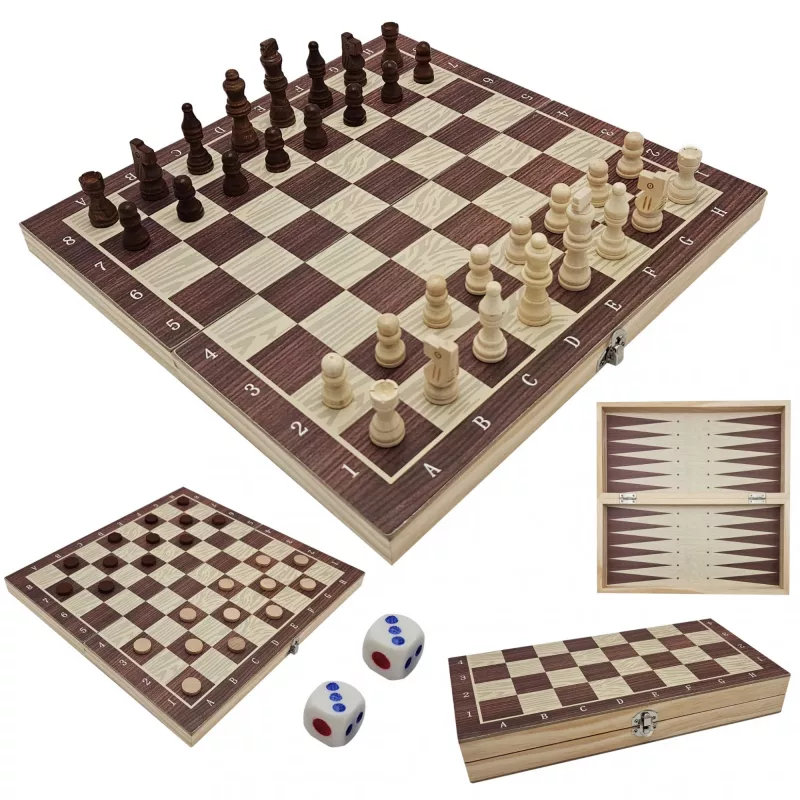 Extralink Toys Mediniai Šachmatai 3in1 Šaškės + Šachmatai + Triktrakas