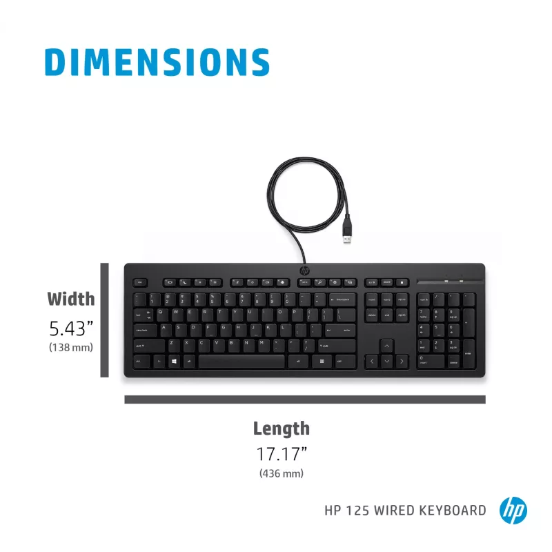 HP 125 laidinė klaviatūra, pilno dydžio USB, membraninė, juoda