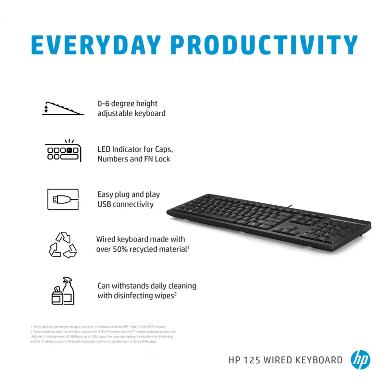 HP 125 laidinė klaviatūra, pilno dydžio USB, membraninė, juoda