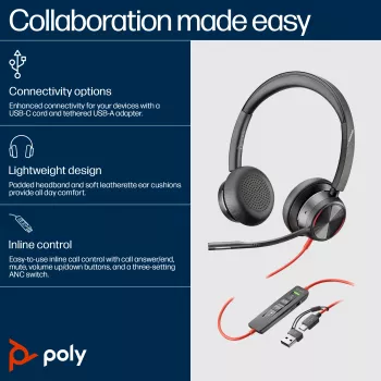 HP Poly Juodawire 8225 USB-C ausinės, laidinės, biurui/skambučių centrui, 185 g, ausinės, juodos
